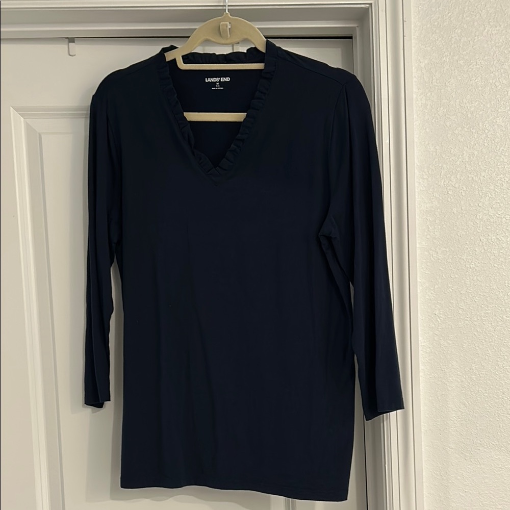 Lands' End Navy Fitted 3/4 Sleeve Blouse